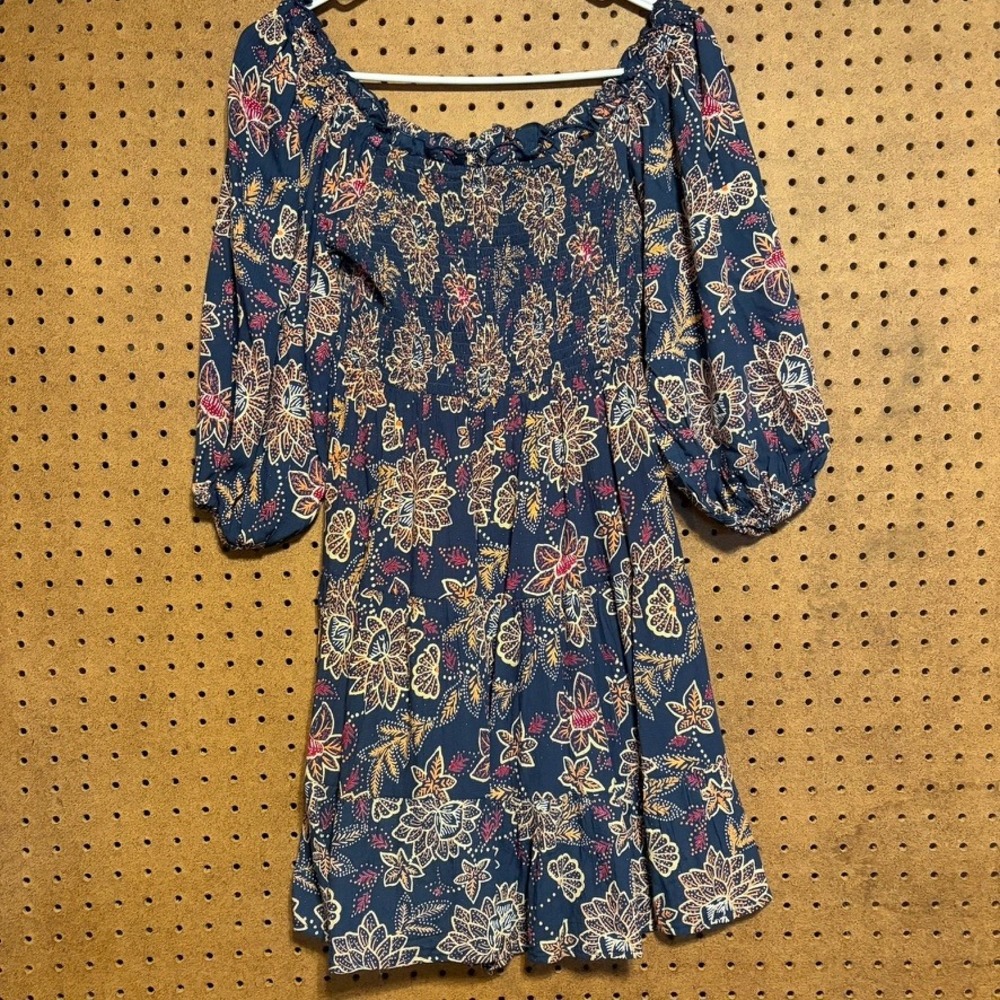 Angie Floral Smocked Mini Dress S Blue Boho‎ Off Shoulder Tiered Milkmaid/A846